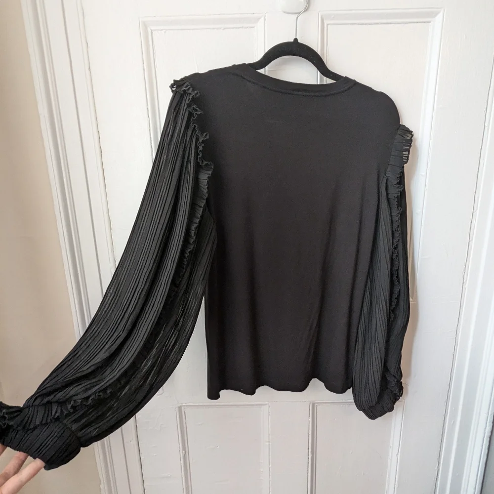 Elie Tahari Black Ruffled Top with Sheer Balloon Sleeves - Size L
